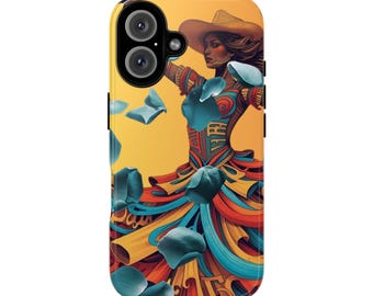 May include: A phone case featuring a vibrant illustration of a woman in a colorful dress and hat, with blue petals floating around her. The artwork has a warm color palette of orange, red, and yellow.