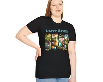 May include: Black t-shirt with a colorful graphic of a chick in a basket with Easter eggs. The text "Happy Easter" is above the graphic.