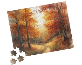 May include: A jigsaw puzzle showing an autumnal forest scene. The image features a path winding through a forest with trees displaying orange and red leaves. Several puzzle pieces are separate from the completed puzzle.