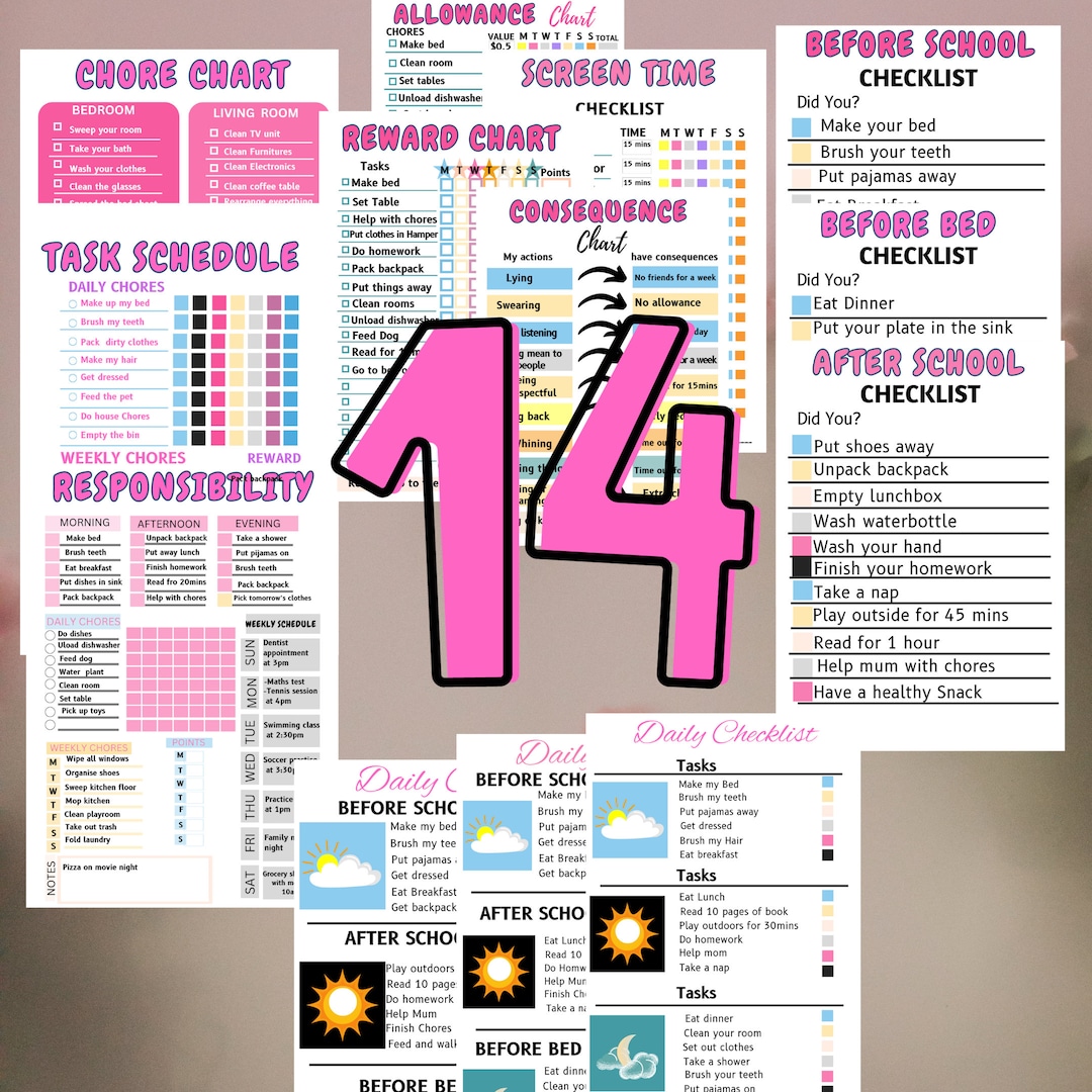 Editable Kids Chore Charts, Reward, Screen Time, School Routine ...