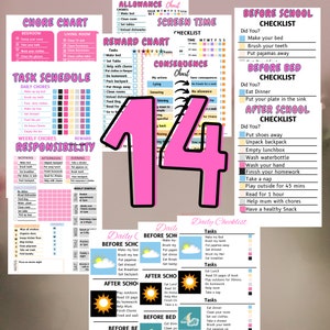May include: A pink and black printable chore chart for kids with a checklist for before school, before bed, and after school. The chart includes sections for daily chores, weekly chores, screen time, allowance, reward chart, and consequences. The chart also includes a daily checklist for before school, before bed, and after school.