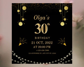 Editable Birthday Invitation Template Black and Gold Birthday Invite ...