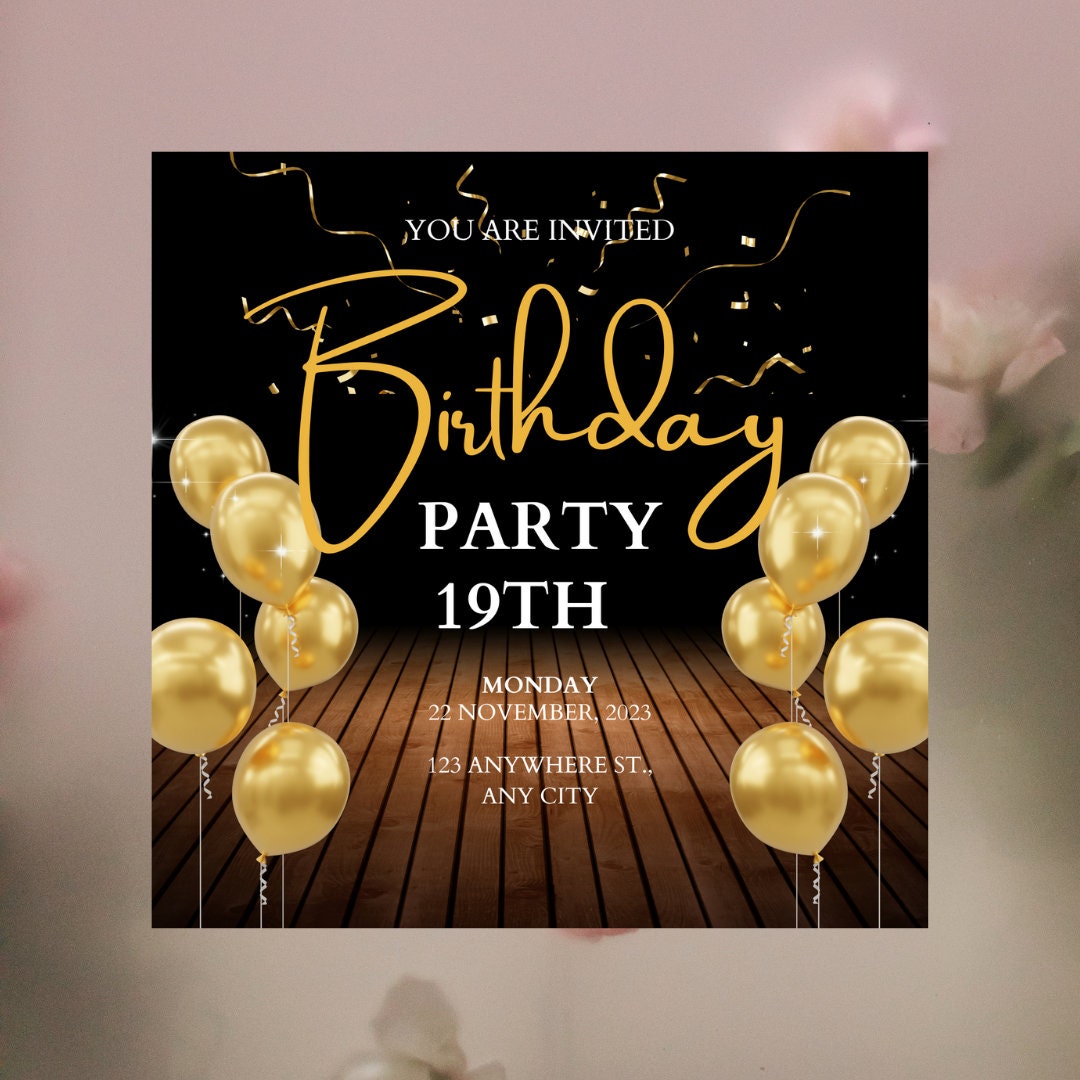 Editable Birthday Invitation Template Black and Gold Birthday Invite ...