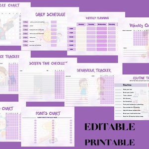 編集可能な子供の雑用表、報酬、スクリーンタイム、学校のルーチン、行動チャート、空白バージョンも、10 個のファイル雑用デジタル、Canva 編集。