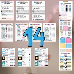 Peut inclure: Ensemble de tableaux de tâches et de listes de contrôle colorés, comprenant des routines "Avant l'école", "Après l'école" et "Avant le coucher". Les tableaux présentent des tâches, des récompenses et une liste de contrôle du temps d'écran.