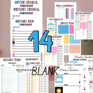 May include: A set of 14 printable checklists and charts for kids. The checklists include "After School Checklist", "Before School Checklist", "Before Bed Checklist", "Screen Time Checklist", "Allowance Chart", "Behavior Chart", "Task Schedule", "Responsibility", "Consequence Chart", "Chore Chart", and "Daily Checklist". The charts are colorful and feature a variety of fun designs.