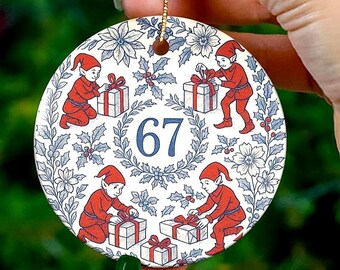 67 Meme Christmas 2025 Ornament, Chinoiserie Toile Meme Ornament, Tween Christmas, Teen Gen Alpha Gen Z Gifts, Fun Modern and Vintage