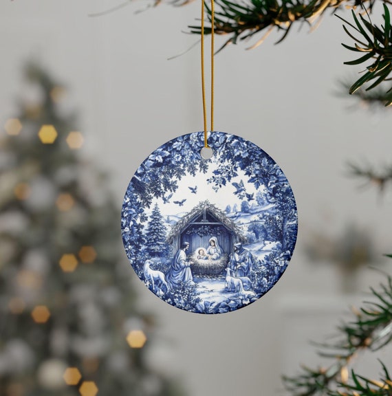 Blue Toile de Jouy Nativity Ornament: Double-Sided Ceramic Keepsake