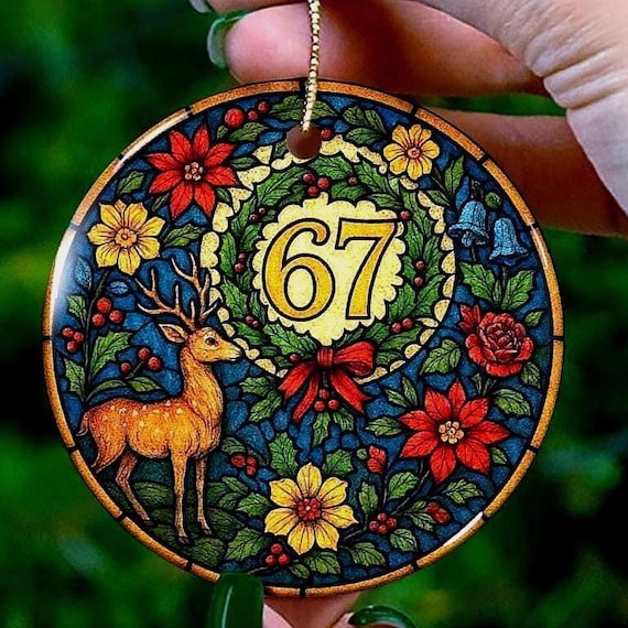 Personalized 67 Meme Ornament, Faux Stained Glass Design, Tween Teen Gift