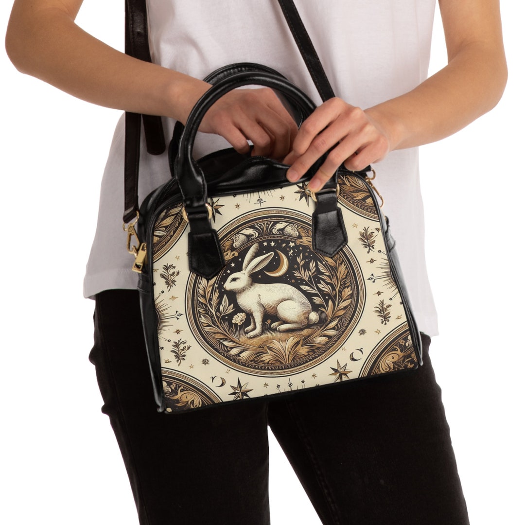 White Rabbit Motif Bunny Black Gold Shoulder Handbag Purse Women's ...