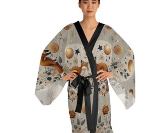 Celestial Gray Fox Long Sleeve Kimono Robe (AOP)