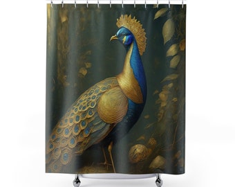 Graceful Gold Turquoise Royal Peacock Painting Shower Curtains