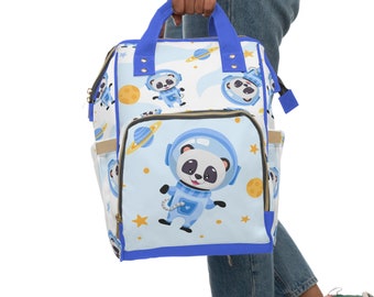 Mochila multifuncional para pañales con diseño de panda y astronauta azul juguetón