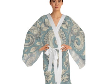 Steel Blue Paisley Long Sleeve Kimono Robe (AOP)