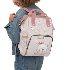 Graceful Cute Ballerina Bear in Pink Multifunctional Diaper Backpack image 1