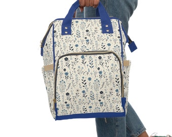 Rustic Vintage Blue Floral Multifunctional Diaper Backpack