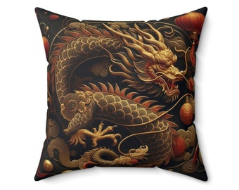 Year of The Dragon Red & Gold Spun Polyester Square Pillow