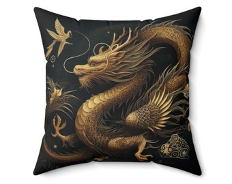 Year of the Dragon Dark Jewel & Bronze Spun Polyester Square Pillow