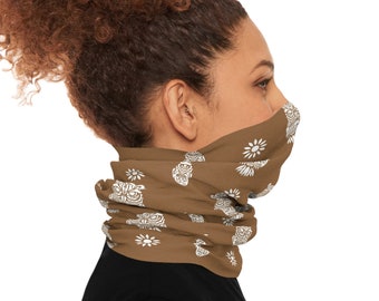 Elegant Owl Print Tube Scarf: Seamless Boho Chic in Caramel and Cream