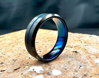 BLACK WITH BLUE Middle Mens Tungsten Carbide Ring Wedding Band Jewellery Cool