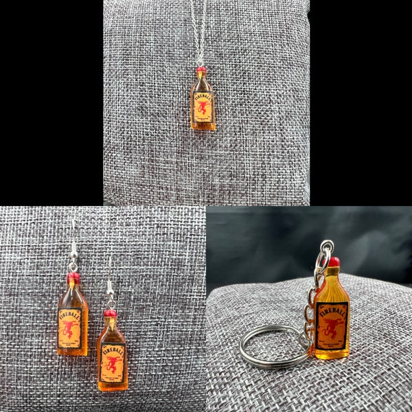 FIREBALL WHISKEY BOTTLE Earrings, Keychain & Necklace - Mini Earrings Small Aesthetic Dangle Keychain Bogan Aussie Alcohol Replica Novelty