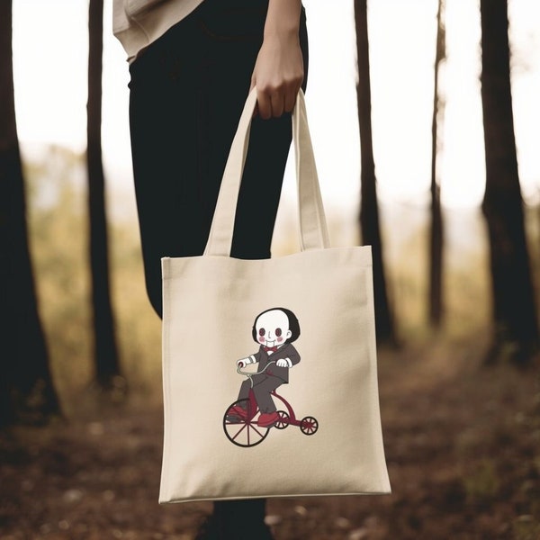 Saw Canvas Tote Bag, Billy the Puppet Tote, Jigsaw Tote, Horror Tote Bag, Scary Ventriloquist Puppet Tote, Halloween Tote, Candy Bag