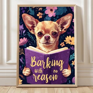 Impressão artística de cachorro lendo, impressão de cachorro com livro, pôster fofo de cachorro, arte de parede de biblioteca, presente para amantes de livros, retrato de animal de estimação lendo, impressão engraçada de animal de estimação