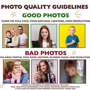 May include: A guide to photo quality, with examples of good and bad photos. The 'Good Photos' section shows close-ups with natural lighting and high resolution. The 'Bad Photos' section shows far away, dark, and blurred images.