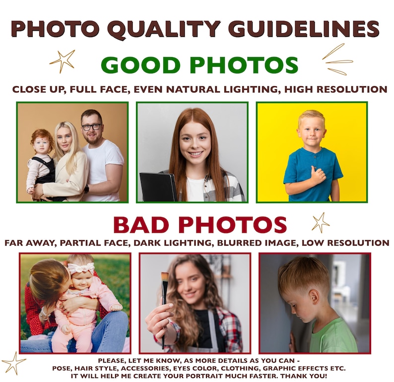 May include: A guide to photo quality, with examples of good and bad photos. The 'Good Photos' section shows close-ups with natural lighting and high resolution. The 'Bad Photos' section shows far away, dark, and blurred images.