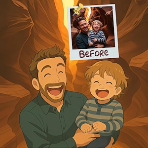 Portrait anime père et fils, dessin anime de famille, fête des pères Git, commande d&#39;art anime, cadeau anime personnalisé, dessin d&#39;après une photo, 1ère fois papa