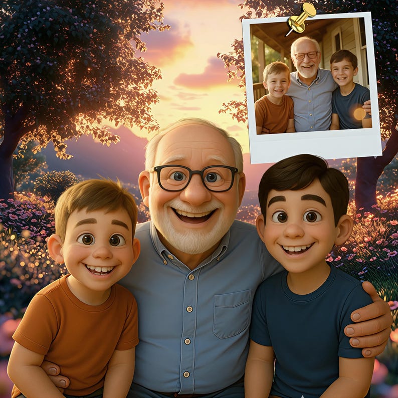 Cartoon Portrait Grandpa with Grandkids, Personalized 3D Cartoon Portrait, Cartoon From Photo, Family Portrait, Pixar Style Portrait