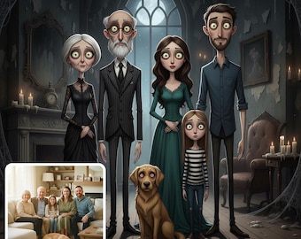 Custom Tim Burton Style Family Portrait, Spooky Gothic Illustration, Digital Commisson