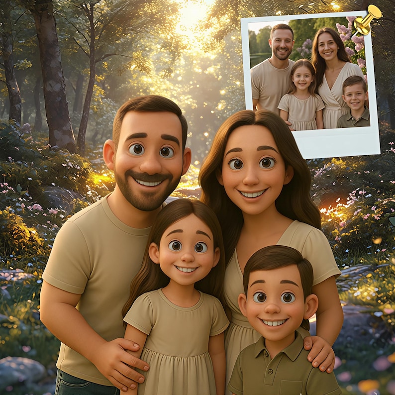 May include: A cartoon-style family portrait of a smiling couple and their two children. The image has a soft, digital rendering style. A smaller photograph of the family is pinned to the top right, set against a blurred forest backdrop with sunlight filtering through the trees.