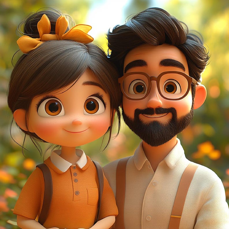 May include: A digital illustration of a smiling couple. The woman has brown hair with a yellow bow and wears an orange shirt. The man has brown hair, glasses, and a beard, wearing a white shirt with braces.