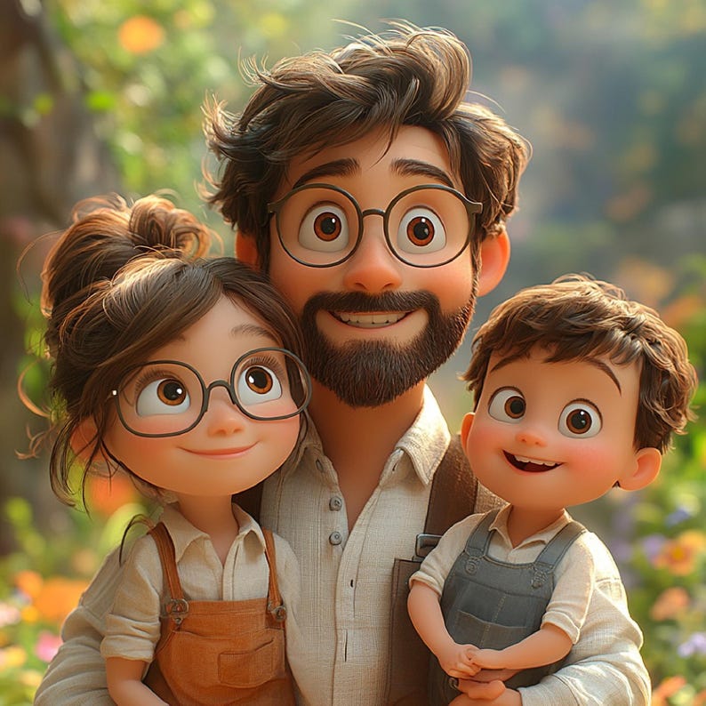 May include: A digital illustration of a family, comprising a father and two children. The father, sporting a beard and glasses, is embracing the children, who also wear glasses. They are dressed in casual clothes, set against a soft, blurred backdrop of greenery and flowers.