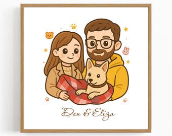 Cute Couple Portrait, Chibi Custom Portrait, Personalized Gift for Family, Drawing Couple Gift, Custom Kawaii Portrait, Anniversary Gift