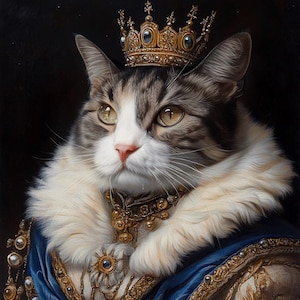 Puede incluir: Un gato atigrado con una corona dorada y una túnica azul y dorada. El gato tiene el pecho y las patas blancas y mira directamente al espectador.