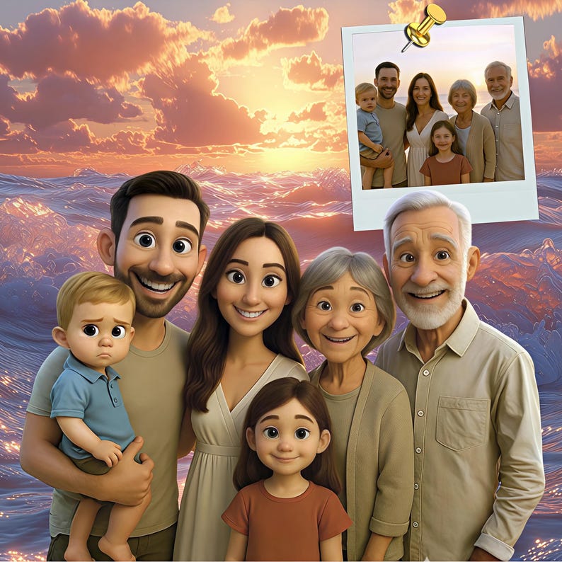 May include: A digital family portrait depicting three generations. The foreground shows a smiling family of six, with a baby held by a man. A smaller photo of the family is pinned to the top right, set against a sunset over water.