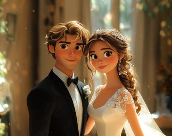 May include: A cartoon illustration of a couple on their wedding day. The man wears a black tuxedo with a bow tie and a white flower. The woman wears a white wedding dress with lace sleeves, a veil, and a tiara. They are smiling.