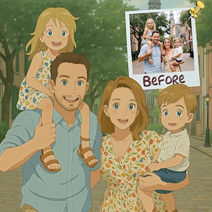 Portrait de famille anime à partir d&#39;une photo, portrait de style anime, dessin anime personnalisé, portrait père et enfants, portrait de mari, cadeau pour papa