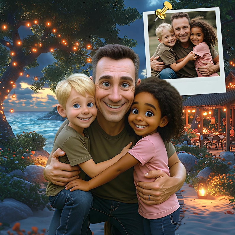 May include: A man and two children are embracing and smiling in a digital illustration. A smaller photo is pinned above the group. The background shows a beach scene with a gazebo and fairy lights, creating a warm atmosphere.