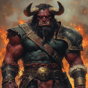 May include: A digital painting of a fierce, muscular humanoid creature with red skin, large horns, and a black beard. The creature wears armor and a belt with a skull buckle, set against a fiery background.