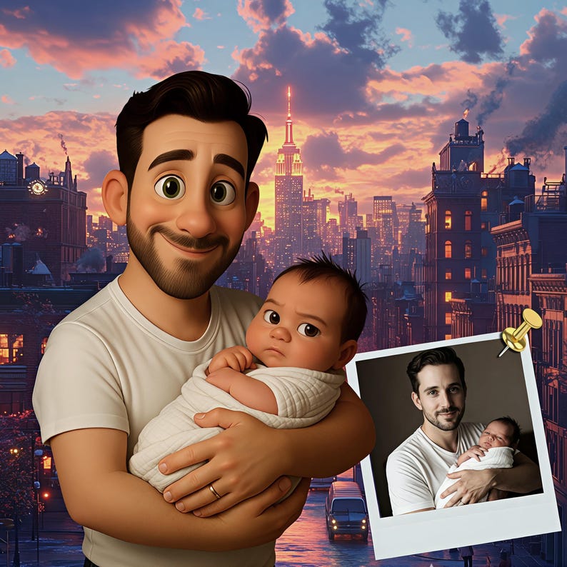 May include: An animated image of a man holding a baby, set against a New York City skyline at sunset. The man is wearing a white t-shirt and has a beard. A framed photo of the man and baby is pinned to the image.