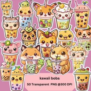 50, Kawaii Bubble Tea Clipart, Boba Tea, Transparent Background, Commercial Use, Cute Kawaii Stickers, Scraobooking, Junk Journalling