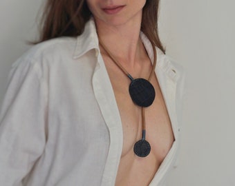 Asymmetric black leather double circle necklace, Minimalist and extravagant necklace for woman, Adjustable brown leather cord