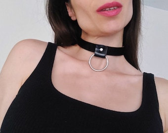 Leather choker collar with O-ring,  Day collar sub, Black leather choker, Adjustable necklace, Leather jewelry