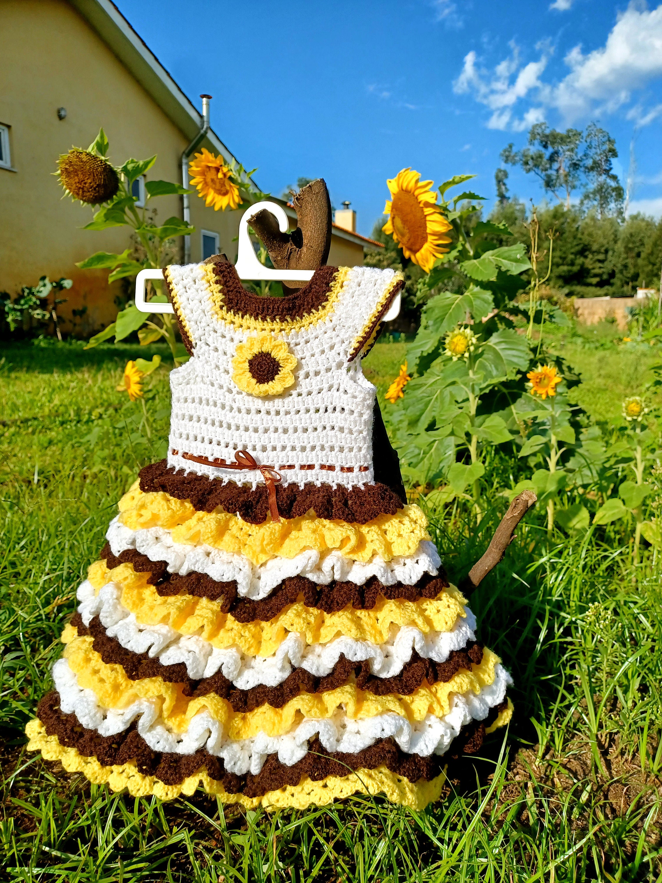 white christmas dresses Summer Crochet Sunflower Girl Dress with Headscarf 2 main image 1