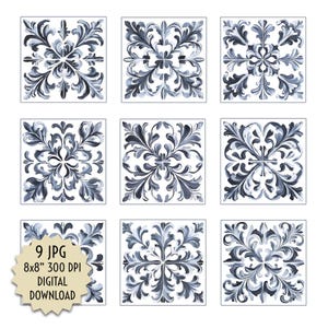 May include: Nine square tiles with a blue and white floral design. Each tile features a symmetrical pattern of leaves and swirls. The tiles are 8x8 inches and are a digital download.