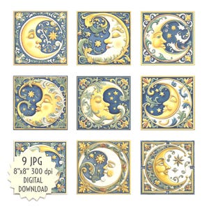 May include: Nine digital images of a crescent moon with a face, surrounded by blue, green, and yellow floral designs. The moon is set against a blue background with stars.