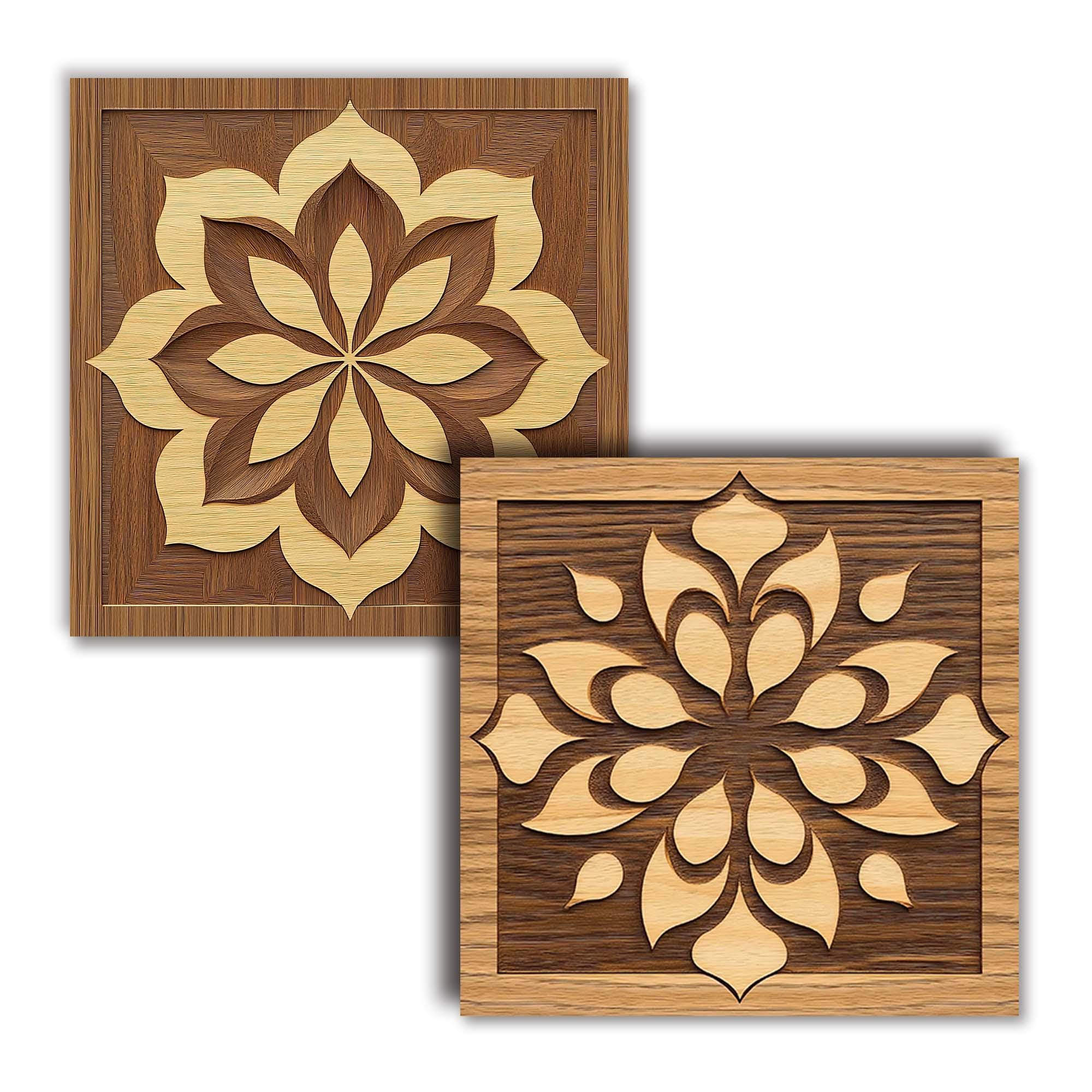 Floral Wood Carving Pattern Set, Square Seamless Design, Natural Wood ...